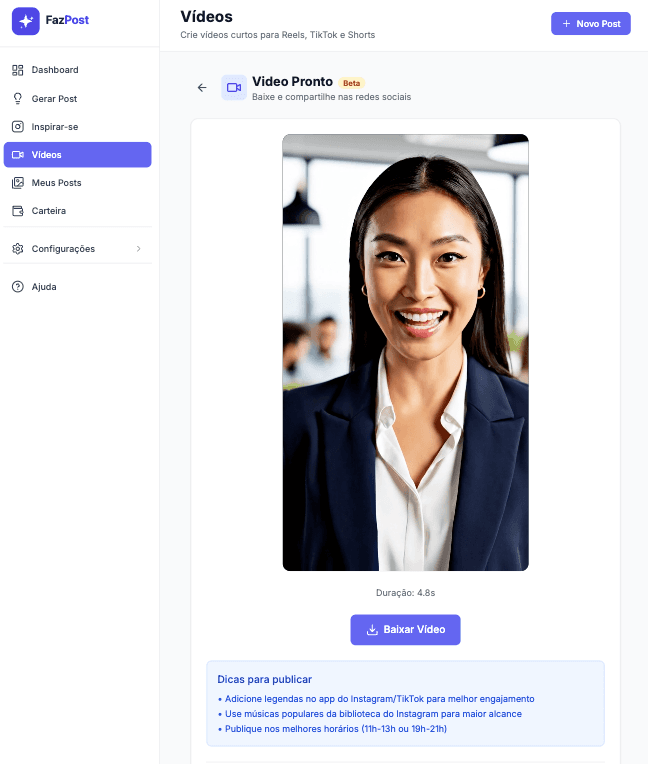 FazPost - Vídeo gerado com IA pronto para publicar