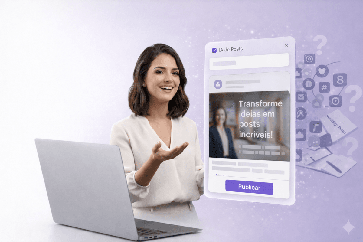 Profissional feliz usando o FazPost para criar posts de Instagram